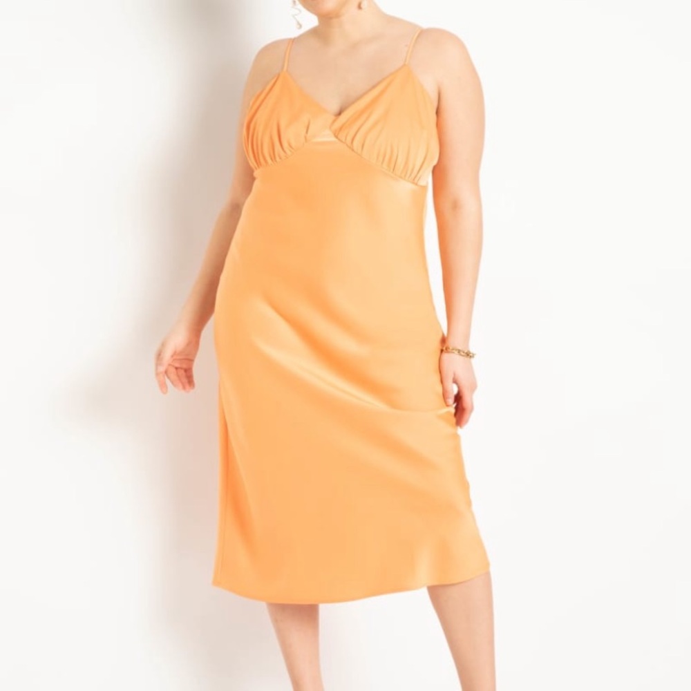 Eloquii Light Orange Tangerine V-Neck Sleeveless Cami Midi Stain Slip Dress